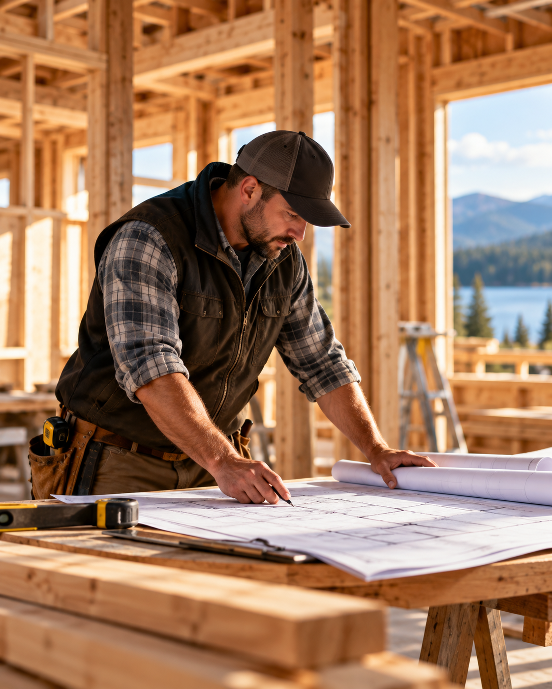 Contractor reviewing construction plans