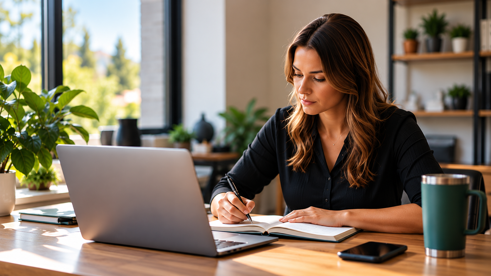 Service business owner reviewing business finances and notes